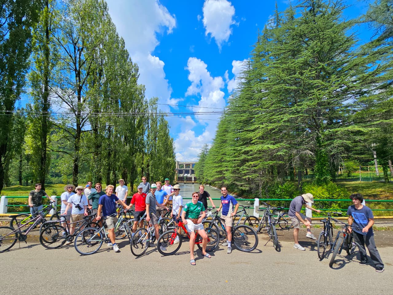 Large group of cyclists gathered in a park with tall trees, Tbilisi